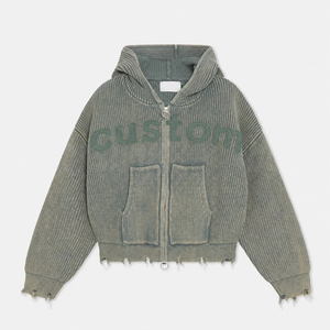 Sweat à capuche zippé en maille côtelée verticale épaisse pour homme, avec logo lettre OEM, ourlet brut effiloché et effet usé, idéal pour le streetwear - Product Image 5