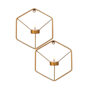 Ensemble de 2 porte-bougies hexagonaux dorés en métal à fixer au mur, appliques murales géométriques en fer pour la décoration de la maison - Product Image 1