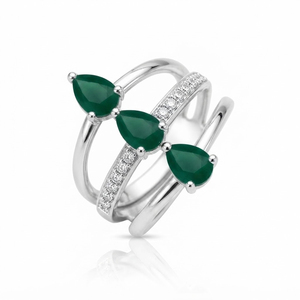 Women's Classy Romantic Design Rhodium Plated Green Onyx <b>CZ</b> Three Stone Gemstone <b>Ring</b> Prong Set Silver Band Wedding Party Rhaya - Product Image 3