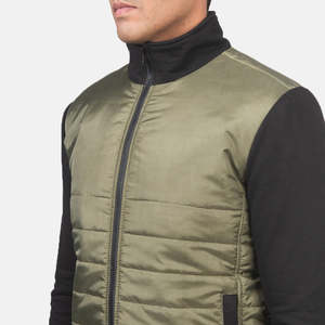 Gilet matelassé vert olive pour homme avec manches noires, col montant, fermeture éclair, vêtement décontracté d'automne, coupe-vent, rembourrage en polyester - Product Image 5