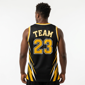 Maillot de basket-ball d'équipe pour hommes, noir et jaune, 23, sublimé, col en V, sans manches, évacuant l'humidité, coupe athlétique, toutes saisons - Product Image 2