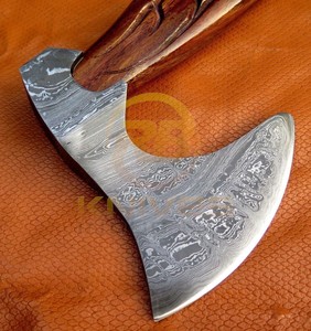 Hacha de Acero de Damasco Hecha a Mano, Hacha Vikinga Personalizada con Mango de Madera Tallado, Hacha de Supervivencia para Camping y Caza, Herramienta para Exteriores OEM - Product Image 3