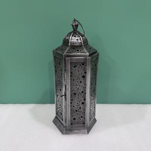 Artisan Design <b>Silver</b> Iron <b>Lantern</b> Star Pattern Decorative Hanging Candle Ramadan Eid Home Decoration 4.75X5.25X12" - Product Image 1