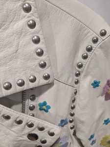 Premium Handcrafted Floral Embroidery Studded Biker <b>Jacket</b> Soft White <b>Sheepskin</b> Leather Moto <b>Jacket</b> for Women Streetwear Fashion - Product Image 2