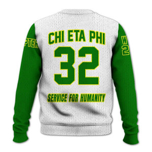 Sudadera con Letras Griegas Chi Eta Phi para Hombre, Blanca y Verde, Cuello Redondo, Tejida, Informal, Corte Regular, Estilo Otoñal - Product Image 6