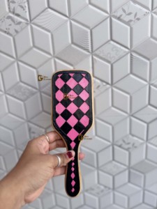 2026 New Design Handmade Hand <b>Tooled</b> <b>Leather</b> Wooden Hair Brush With Pink & Black Checkered Pattern Minimalist Design - Product Image 3