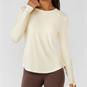 Fitness Curved Hem Yoga Shirt Women Slim Fit <b>Thumb</b> Hole <b>Cuffs</b> Workout Wear Breathable Summer Shirt Long Sleeve Quick Dry - Product Image 1
