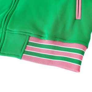 AKA Green Fleece Letterman <b>Jacket</b> <b>Pink</b> Stripe Unisex Varsity Style Embroidered Crest Patch Casual Warm Outerwear Apparel - Product Image 3
