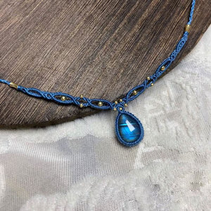 Handmade Macrame Quartz Choker <b>Necklace</b> Blue Flash Gemstone Pendant Adjustable Cord Minimalist Buddhism Butterfly <b>Statement</b> 14K - Product Image 1