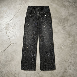 Luxury Black Rhinestone Straight Leg Denim Jeans Custom Sparkle Streetwear Regular Fit Premium Mens Jeans OEM ODM Solid - Product Image 1