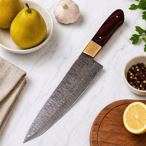 Custom Handmade Extra <b>Sharp</b> Chef <b>Knife</b> Forged Damascus Steel Rose Wood Handle Leather Sheath 8in Blade Ambidextrous Modern - Product Image 1