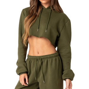 Moda 2026: Conjuntos cortos de sudaderas con capucha tipo crop top para mujer, sudaderas con capucha crop top lisas personalizables para mujer, hechas de algodón. - Product Image 5
