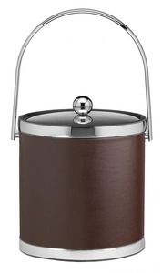 Seau à glace en cuir marron avec poignée, bac à boissons rond en acier inoxydable avec couvercle - Product Image 3