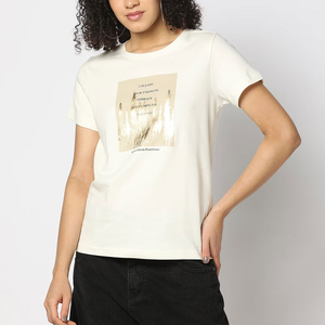 เสื้อยืดคอกลมสีครีมสำหรับผู้หญิง OEM พร้อมลายพิมพ์สร้างแรงบันดาลใจและลายข้าวสาลี ทรงปกติ แขนสั้น สวมใส่สบายๆ สำหรับฤดูใบไม้ผลิและฤดูร้อน - Product Image 1