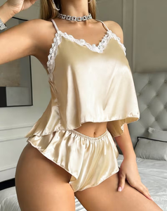 Women Satin Lounge Set Sleeveless Cami Shorts Two Piece Solid Color Halter Elastic Waist Sexy Spring Knitted Summer Sleepwear - Product Image 3