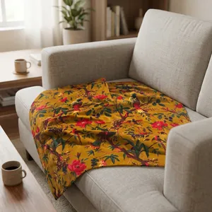 Cortinas de Tela con Estampado Floral de Aves en Amarillo Mostaza, 100% Algodón con Revestimiento de PVC, para Tapicería, Cojines y Decoración del Hogar - Product Image 2