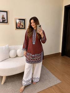 Ensemble Salwar Kameez brodé pour femmes, Kurta à manches longues, pantalon Palazzo, tenue ethnique pakistanaise - Product Image 2
