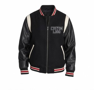 Men's <b>Black</b> Woven Motorcycle Varsity <b>Jacket</b> with Custom Embroidered Logo Front Zip Closure Casual Spring Wear - Product Image 1