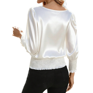 Chemisier blanc tissé à manches longues bouffantes pour femme, col rond, taille smockée, poignets élégants, coupe ample, décontracté, pour le bureau et le quotidien - Product Image 2