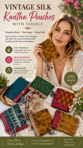 Pochette vintage en soie Kantha brodée à la main avec pompons, pochette écologique avec fermeture éclair pour les essentiels quotidiens (vente en gros) - Product Image 2