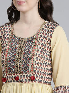 Elegant Beige Printed Tiered Maxi Dress with Ethnic Motifs Flowy Silhouette and <b>Three</b>-Quarter Sleeves for Festive Casual Wear - Product Image 6