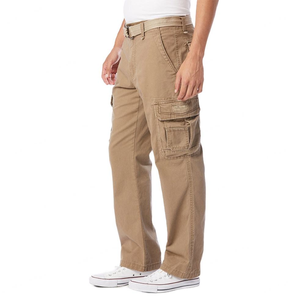 Men's Khaki Canvas Cargo Pants With Multiple Pockets Casual Workwear Style Mid Waist Button Fly Autumn Wear - Product Image 4