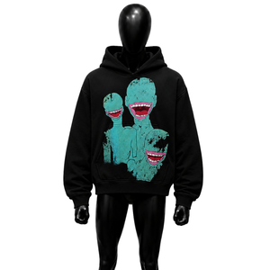 Sudadera con Capucha Negra Informal con Gráficos de Monstruos Abstractos y Estampado de Extraterrestres, Diseño Informal Extra Grande, Gráfico Frontal, Tejido de Algodón, Otoño - Product Image 1