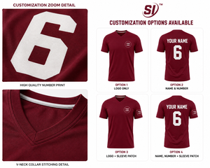 เสื้อฟุตบอลสั่งทำสีแดงเลือดหมู คอวี แบบคลาสสิก พิมพ์ชื่อทีมและหมายเลขด้วยเทคนิค Sublimation แห้งเร็ว ขายส่ง รับผลิตแบบ OEM - Product Image 5