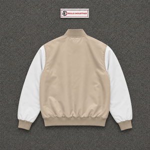 Veste universitaire en satin beige avec manches blanches, veste bomber de baseball haut de gamme pour hommes et femmes, style veste Letterman, vente en gros - Product Image 6