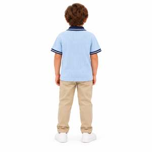 Kids Boys Light <b>Blue</b> <b>Polo</b> <b>Shirt</b> <b>Navy</b> Contrast Collar Striped Chest Pocket Short Sleeve Casual Cotton Summer Top - Product Image 2