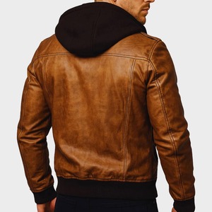 Blouson aviateur unisexe en cuir marron vieilli avec capuche amovible - Product Image 4