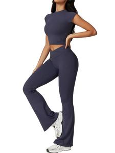 Yoga Set Women Short Sleeve <b>Crop</b> Top Slim Fit Stretchy High Waist Flare <b>Leggings</b> Fitness Suit Workout Gym Running Tracksuit - Product Image 6