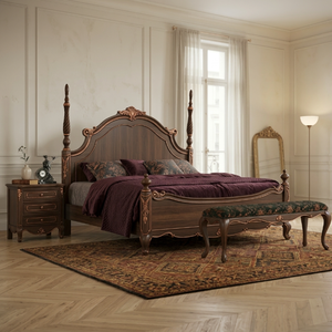 Lit King Size en Bois Massif de Luxe Personnalisé, Lit à Baldaquin Classique Français, Lit Capitonnée pour Suite Présidentielle de Villa ou d'Hôtel, OEM - Product Image 6