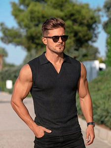 Wholesale Custom Summer Business Casual Loose Knitted Pullover Solid Color Sleeveless Breathable Daily Wear Men's Polo <b>Shirt</b> - Product Image 3