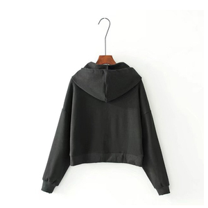 Sudadera con Capucha Corta Negra de Alta Calidad para Mujer, Corte Regular, Color Sólido, Informal, Tejida, Mezcla de Poliéster/Algodón, Otoño Invierno - Product Image 2