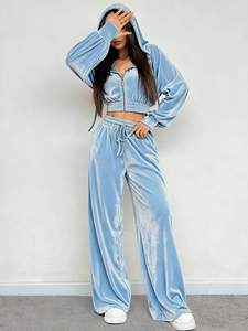 Hot Selling <b>Velour</b> Cropped Hoodies Tracksuit Front Zip Drop Shoulder Elastic Hem Custom <b>Sweatshirt</b> Relaxed Fit Wide Palazzo Pant - Product Image 5