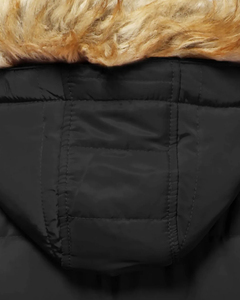 Chaqueta Acolchada Negra para Mujer con Capucha de Piel Sintética, Abrigo Cálido de Invierno con Cierre de Cremallera y Bolsillos Laterales - Product Image 6