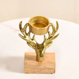 Golden Deer Head Candle Holder Set of 2 Brass Metal Wood Base Classic Decorative Handicraft - Product Image 4