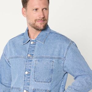 Men's <b>Light</b> Blue Denim Jacket Regular Fit Button Front Stonewashed Cotton Casual Autumn Wear - Product Image 4