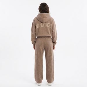 Custom Women Brown Washed Hoodie <b>Wide</b> <b>Leg</b> <b>Jogger</b> Set Cotton Fleece Streetwear Tracksuit OEM Wholesale - Product Image 2