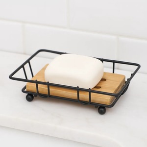 Minimalist Bamboo Soap Dish with <b>Black</b> Metal Frame Easy Cleaning Bath <b>Accessory</b> - Product Image 3
