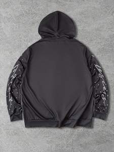 Sudadera con capucha y cremallera frontal con estampado de figuras y adornos de diamantes de imitación para hombre, sudadera con capucha gráfica con cremallera para hombre - Product Image 2