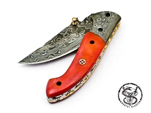 Damascus Steel Folding <b>Knife</b> With Orange <b>Handle</b> Outdoor Pocket <b>Knife</b> For Camping Damascus Steel Folding <b>Knife</b> Forged Pocket - Product Image 3