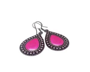 Pink water drop oxidised earring Vintage Bohemian Ethnic Style Antique Silver Bells Tassel Dangle Earrings Indian Jewelry