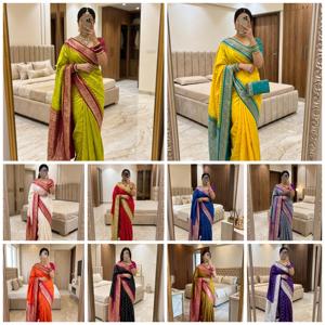 Sari indien traditionnel en soie Banarasi jaune de qualité supérieure, tissage Zari, bordure brodée, pour mariage et festivals - Product Image 5
