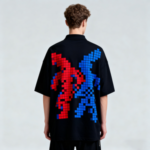 Polo noir pour homme avec imprimé de personnage pixelisé, manches courtes, décontracté, en coton Oxford respirant, logo sur le devant - Product Image 2