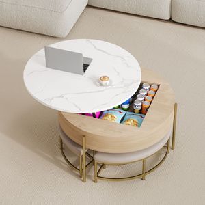 Modern <b>Round</b> Lift Top Coffee <b>Table</b> with Storage 3 <b>White</b> and Natural Ottoman <b>White</b> and Natural Color - Product Image 5