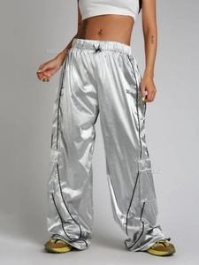 Metallic Silver <b>Parachute</b> <b>Pants</b> Women Vintage Elastic Waist Wide Leg Casual Sweatpants Jazz Dancer Skater Y2k Clothes - Product Image 2