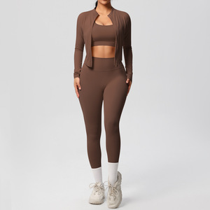 Wholesale Fitness <b>3</b> <b>Piece</b> <b>Women</b> Gym Yoga Wear Set Workout Seamed Solid High Waist Long Sleeve Sports <b>Suit</b> Four-Way Elastic Waist - Product Image 2