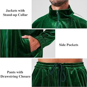 Chándal de terciopelo verde para hombre, con cremallera de manga larga, informal, para correr, de color sólido, con bolsillos laterales, para otoño - Product Image 3
